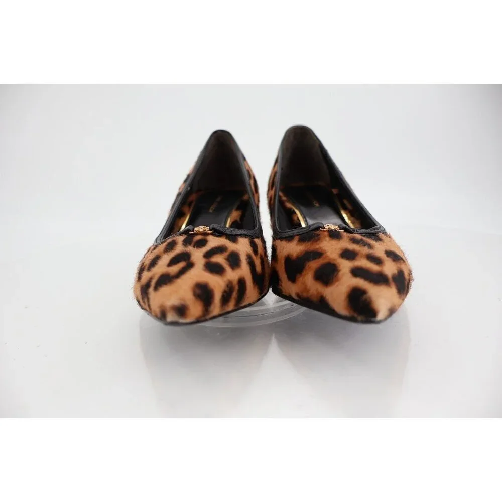 Tory Burch Double T Buckle Leopard Calf Hair Kitten Heel Pumps Size 5.5 Brown